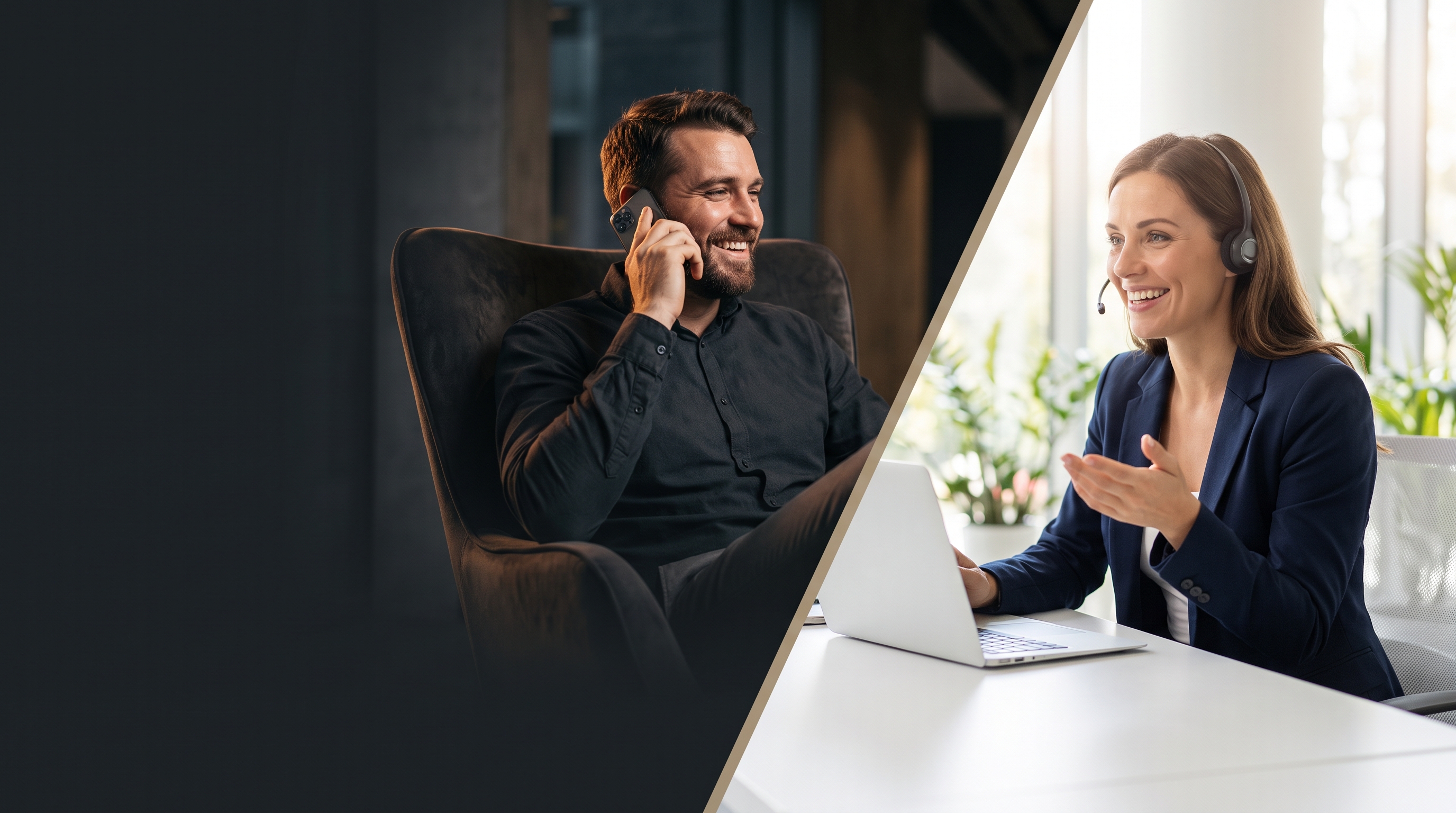 A job candidate on the phone with a HireBox recruitment consultant working at her computer, both smiling in a warm office