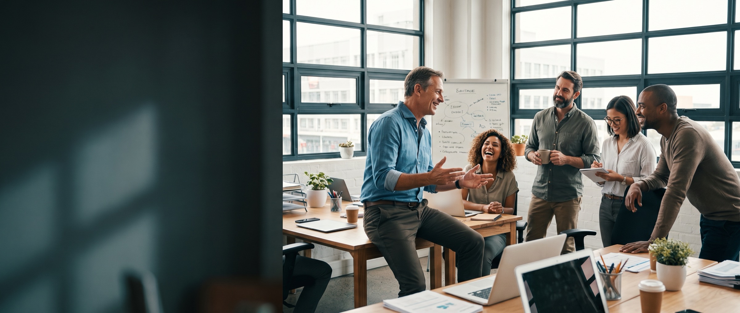 A business owner talking openly with his team in their workplace, everyone engaged and smiling