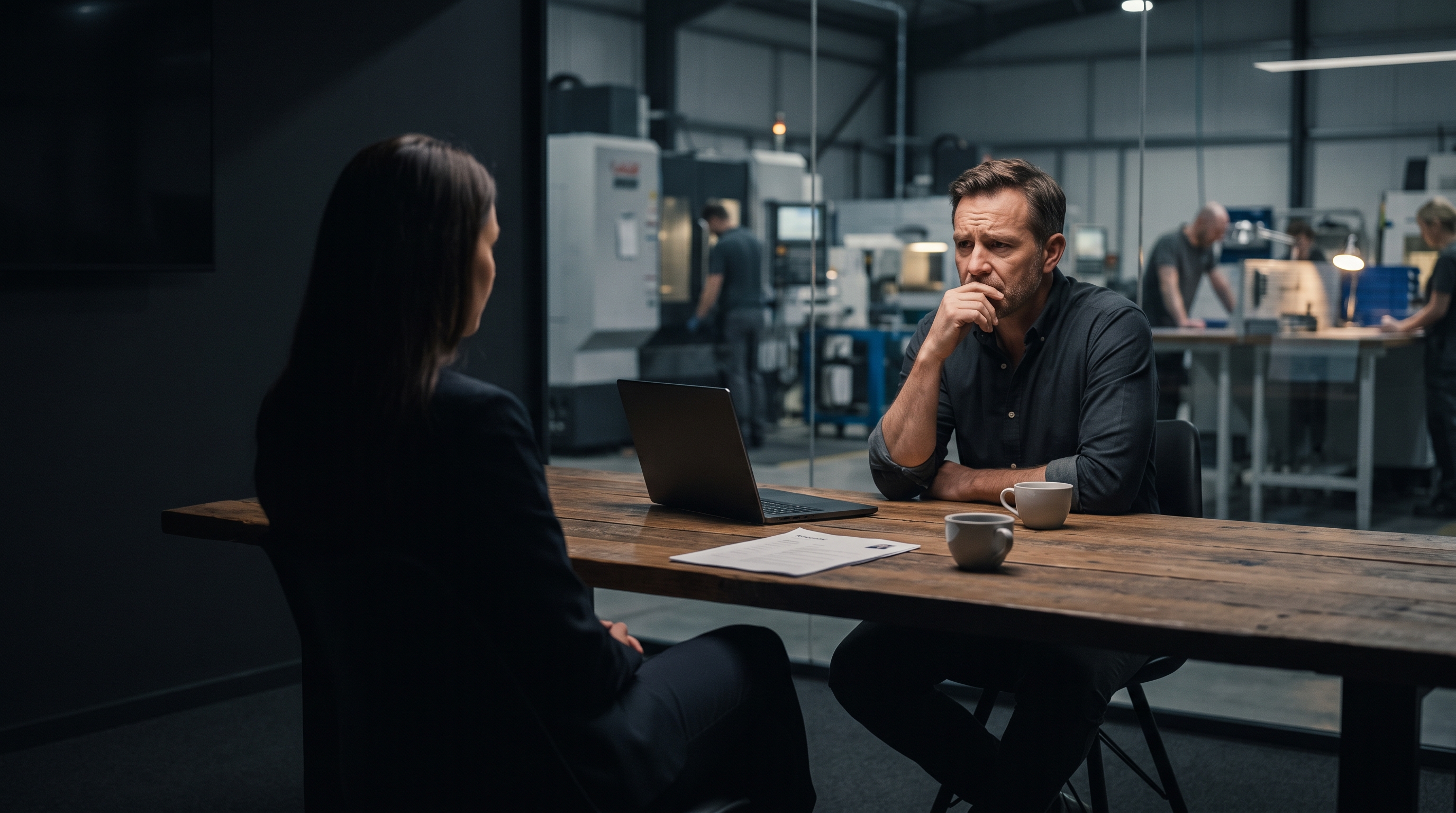A business owner weighing up a candidate during a job interview, the production floor visible behind the glass